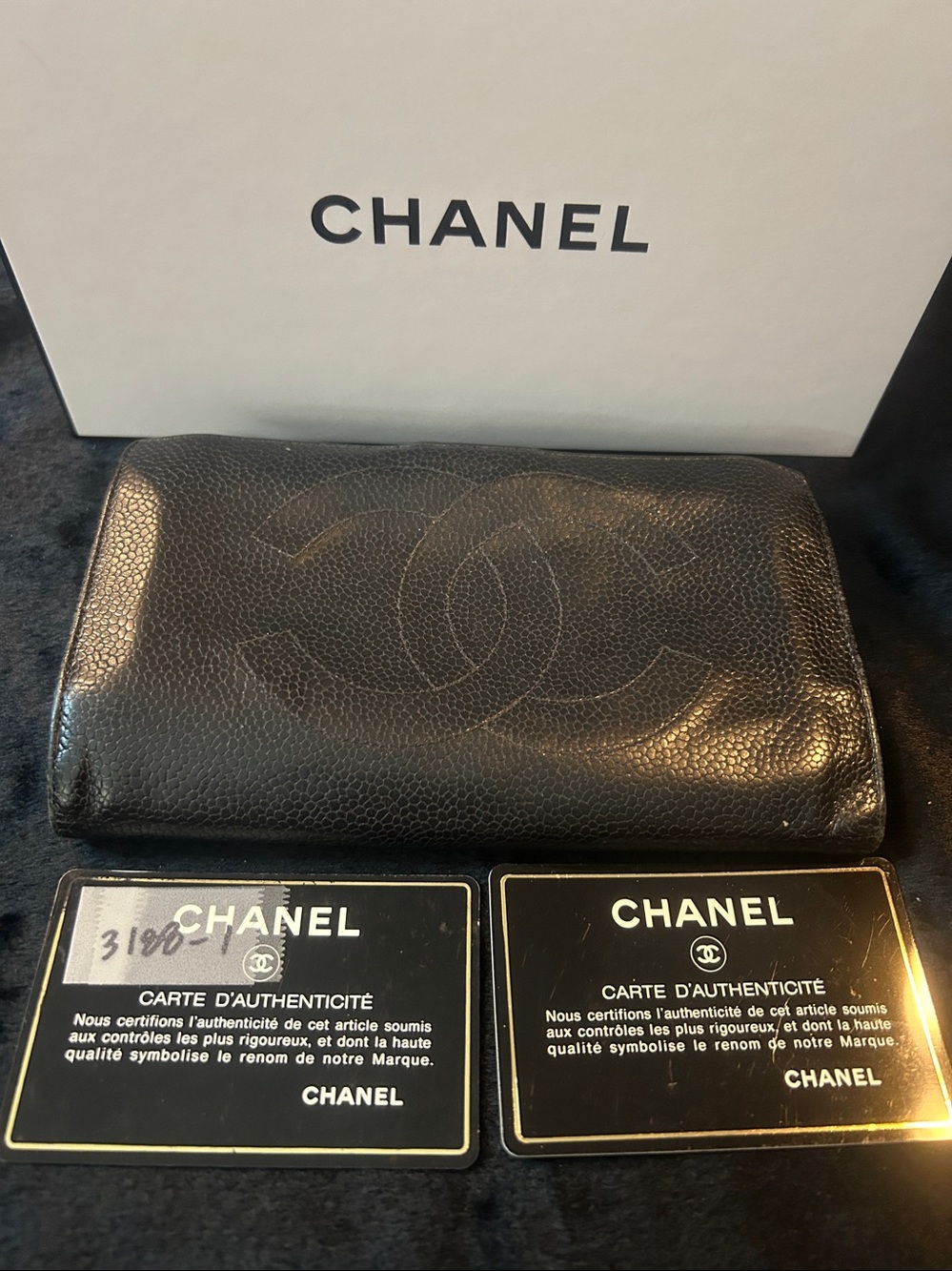 CHANEL Black Pebbled Leather Snap Card Wallet with box